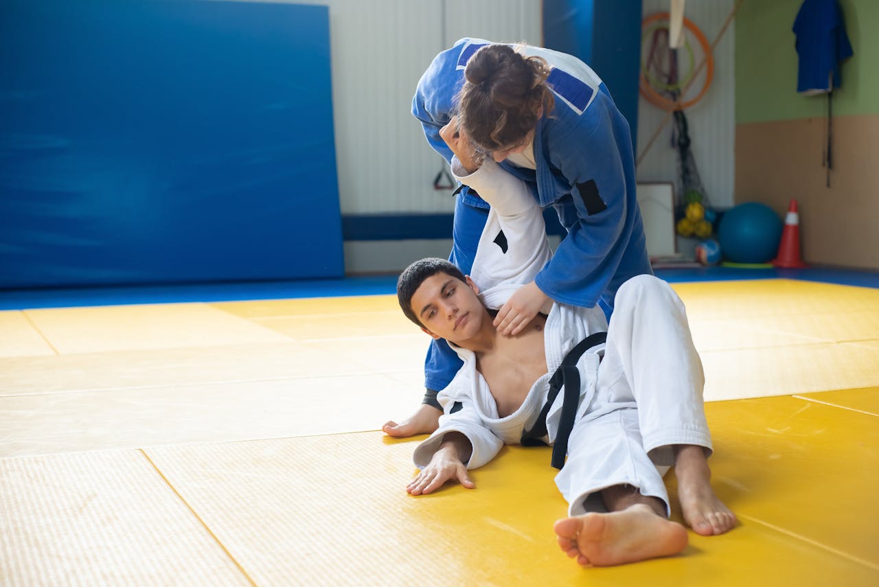 Athletes practicing judo